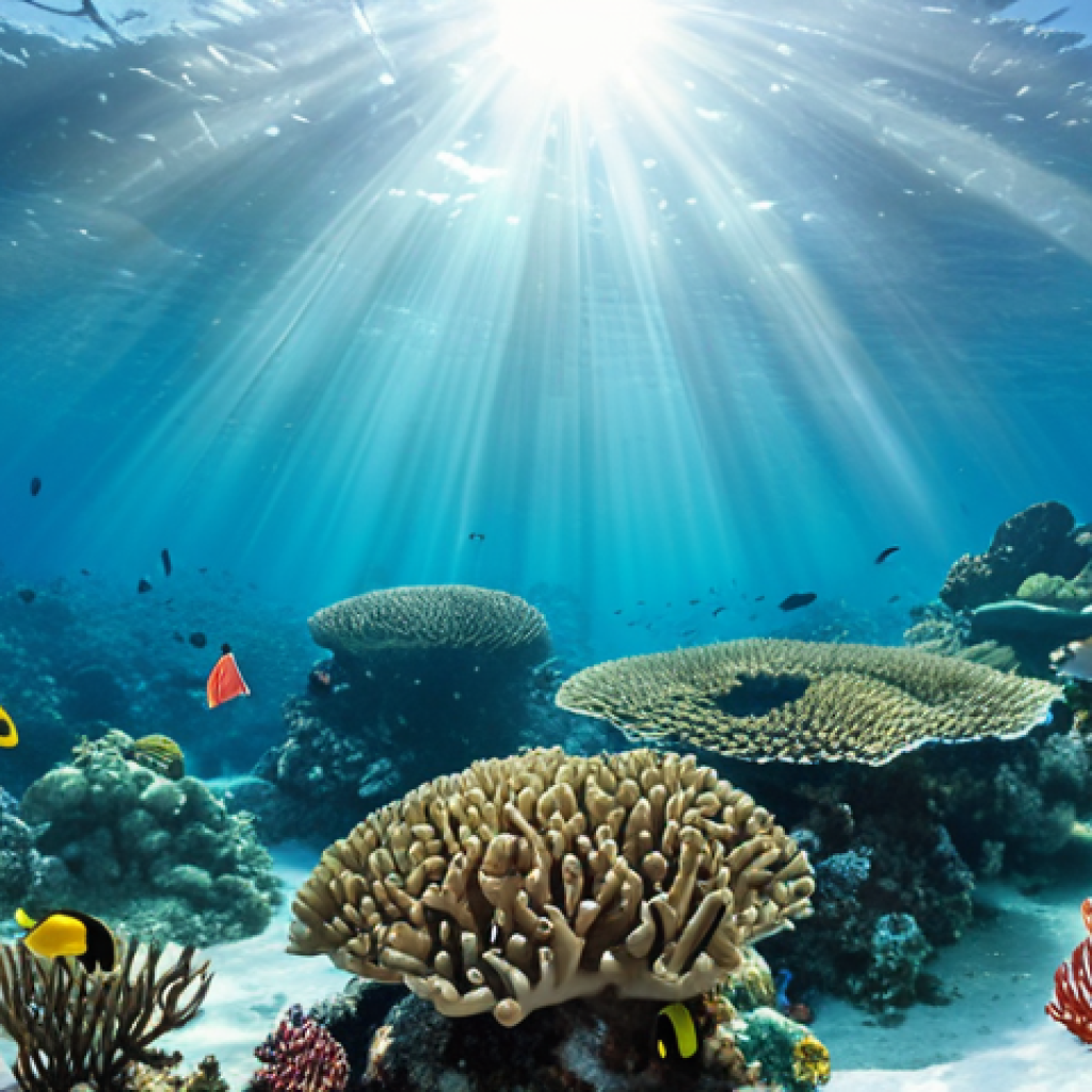 A vibrant underwater scene showcasing a thriving Marine Protected Area (MPA) with diverse coral reefs, abundant fish populations, and clear, turquoise water. Sunlight filters through the surface, illuminating the protected ecosystem.