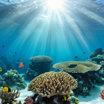 A vibrant underwater scene showcasing a thriving Marine Protected Area (MPA) with diverse coral reefs, abundant fish populations, and clear, turquoise water. Sunlight filters through the surface, illuminating the protected ecosystem.