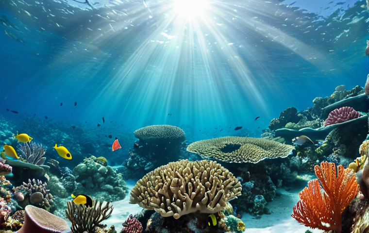 A vibrant underwater scene showcasing a thriving Marine Protected Area (MPA) with diverse coral reefs, abundant fish populations, and clear, turquoise water. Sunlight filters through the surface, illuminating the protected ecosystem.