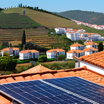 **

> Solar panels on a Portuguese rooftop, modern architecture, bright sunny day, showcasing energy savings, with a subtle view of rolling hills in the background. A happy family could be shown.

**