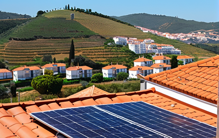 **

> Solar panels on a Portuguese rooftop, modern architecture, bright sunny day, showcasing energy savings, with a subtle view of rolling hills in the background. A happy family could be shown.

**