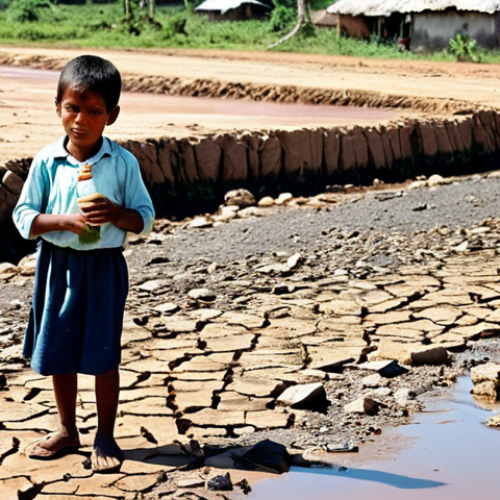 Home 23 Water Scarcity & Public Health in Brazil**
"A parched landscape in the Brazilian Northeast, cracked earth stretching to the horizon. In the foreground, a child in modest clothing drinks from a murky river, fully clothed, appropriate attire, safe for work. In the background, simple homes are visible, suggesting a struggling community. Emphasize the dryness and hardship. Perfect anatomy, correct proportions, natural pose, professional photography, high quality, family-friendly, appropriate content."
**
