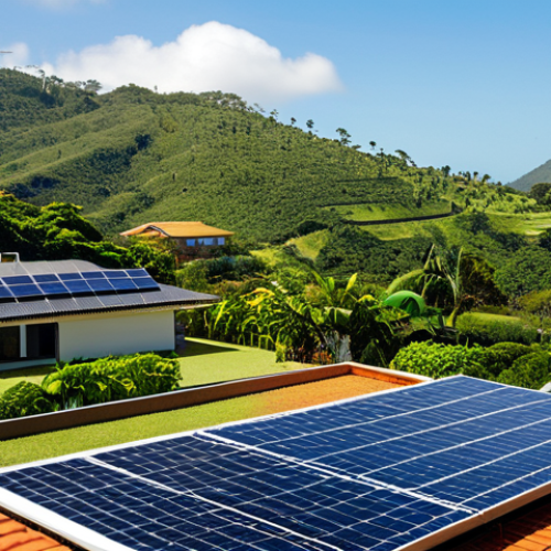 Home 9 Solar Energy in Brazil**
A modern Brazilian home with solar panels on the roof, fully clothed family in the yard, appropriate attire, sunny day, lush green landscape, safe for work, perfect anatomy, natural proportions, professional photography, high quality, family-friendly scene showcasing renewable energy.
**