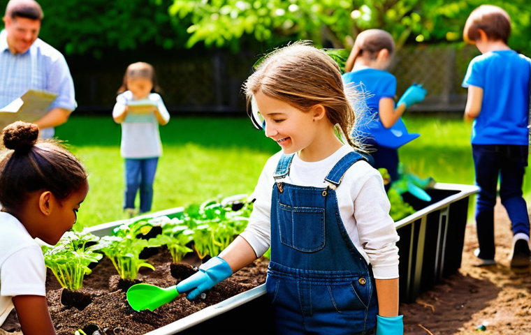 기후 변화에 대한 교육 - **Prompt:** A group of diverse children, aged 6-10, wearing casual clothes and gardening gloves, are...