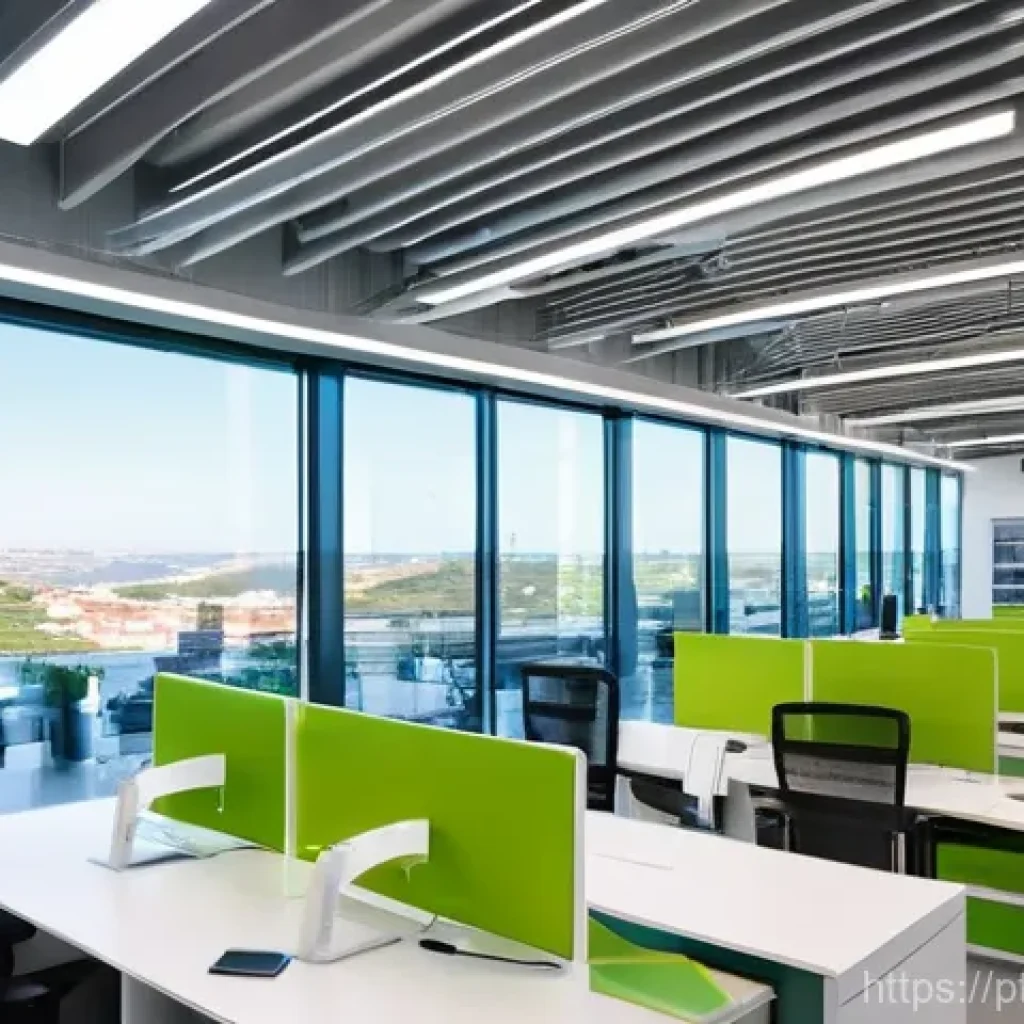 친환경 기업의 경영 전략 - **Prompt 1: Green Efficiency in a Portuguese Workspace**
A bright, modern interior of a technolo...