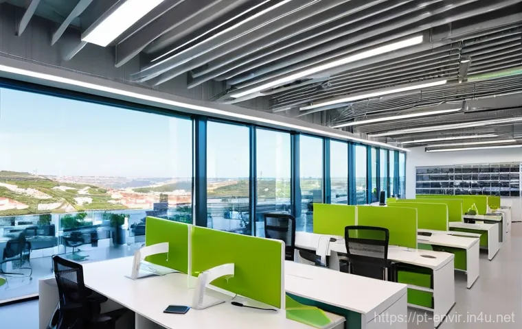 친환경 기업의 경영 전략 - **Prompt 1: Green Efficiency in a Portuguese Workspace**
    A bright, modern interior of a technolo...