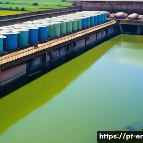 Home 30 수질 오염 관리 방안 - A detailed industrial riverside scene in Brazil showing a large textile factory discharging colorful...