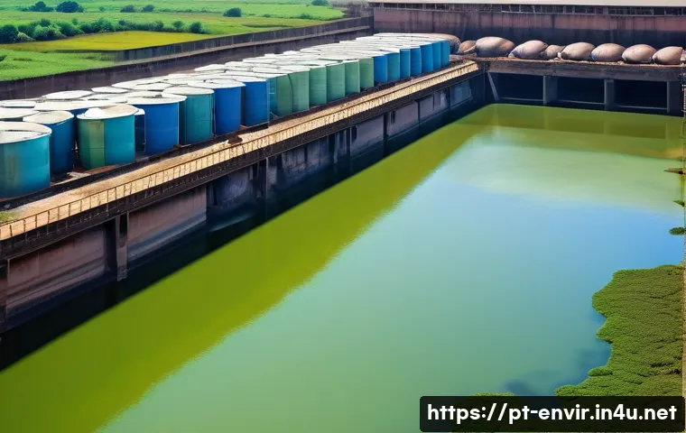 수질 오염 관리 방안 - A detailed industrial riverside scene in Brazil showing a large textile factory discharging colorful...