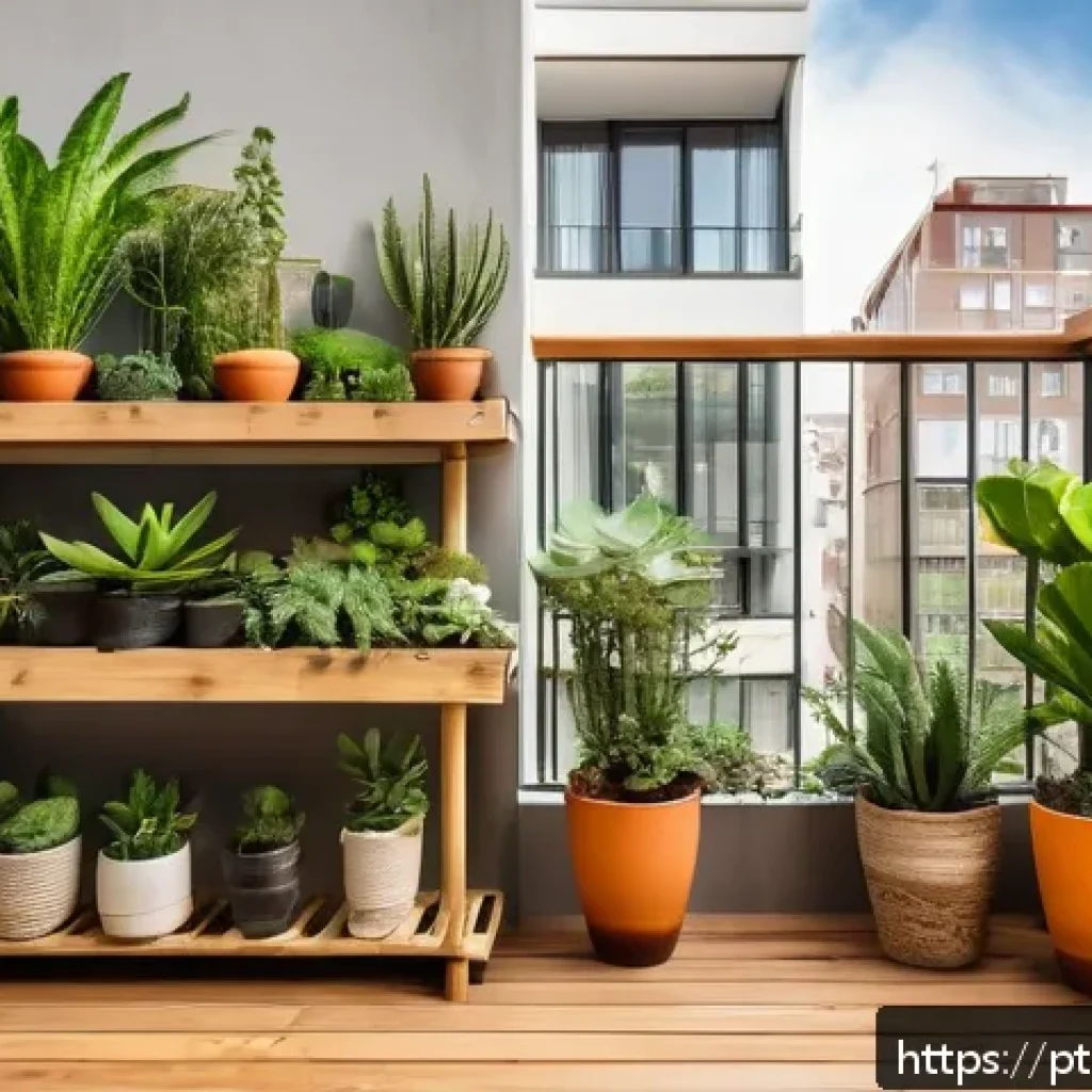 소규모 환경 보존 전략 - A cozy small urban balcony garden featuring vertical shelves filled with various succulents, ferns, ...