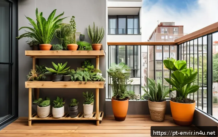 소규모 환경 보존 전략 - A cozy small urban balcony garden featuring vertical shelves filled with various succulents, ferns, ...