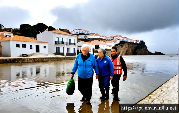 기후 변화와 사회적 영향 - Photorealistic coastal neighborhood in Portugal during severe flooding, diverse Portuguese families ...