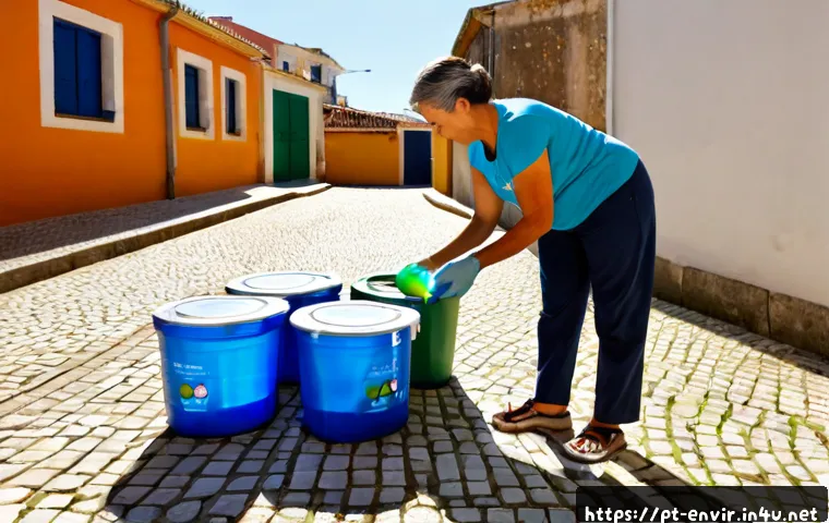 Home 17 재활용 및 폐기물 관리 - Photorealistic sunny Portuguese neighborhood recycling station, a middle-aged woman carefully sortin...