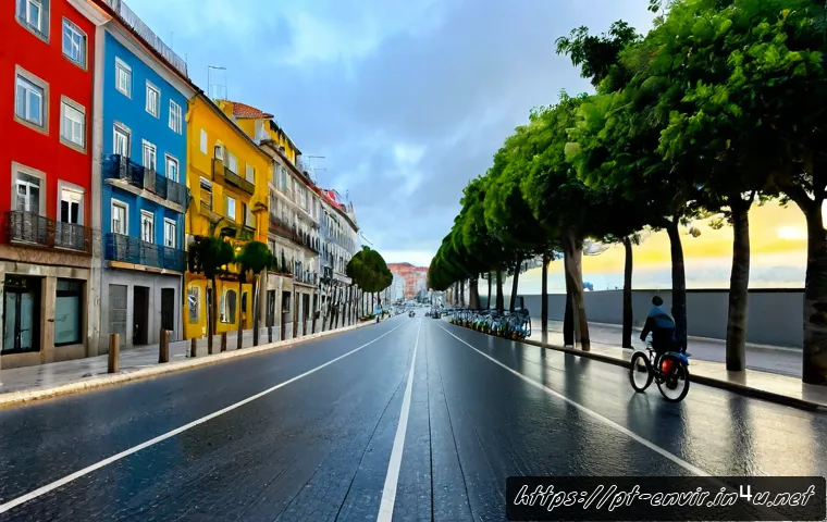 Home 17 도시 환경 문제와 해결책 - Photorealistic wide-angle view of a Portuguese coastal city street after rain, overflowing recycling...