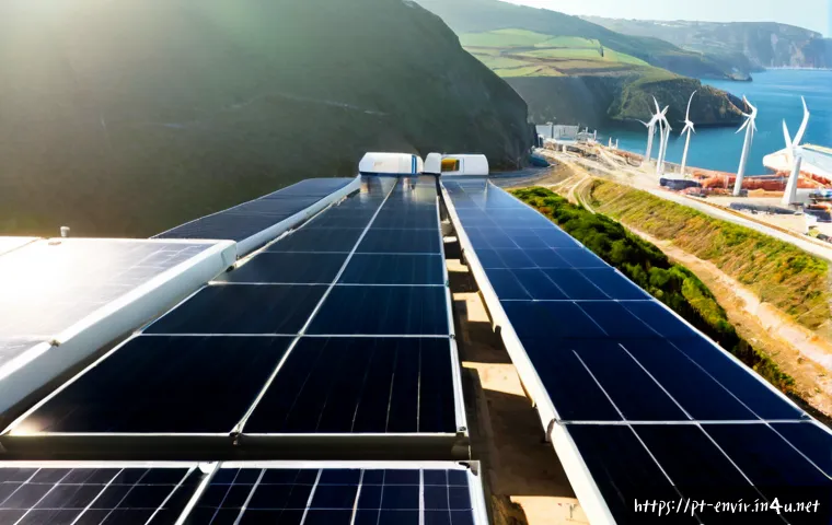 Home 17 환경 문제 해결을 위한 혁신적 기술 - Photorealistic wide-angle view of a modern coastal recycling and renewable-energy hub in Portugal, s...